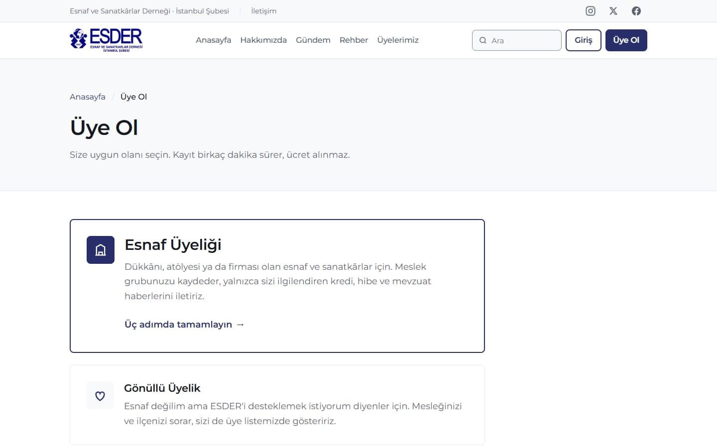 Başvuru, esnaf ve gönüllü üyelik için ayrı yoldan başlıyor.